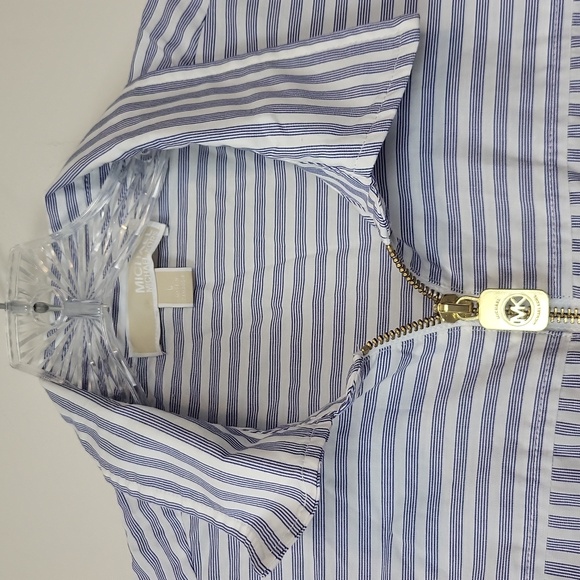MICHAEL MICHAEL KORS Blue White Stripe Cotton Sleeveless 1/2 Emblem Zip Shirt - Picture 2 of 9